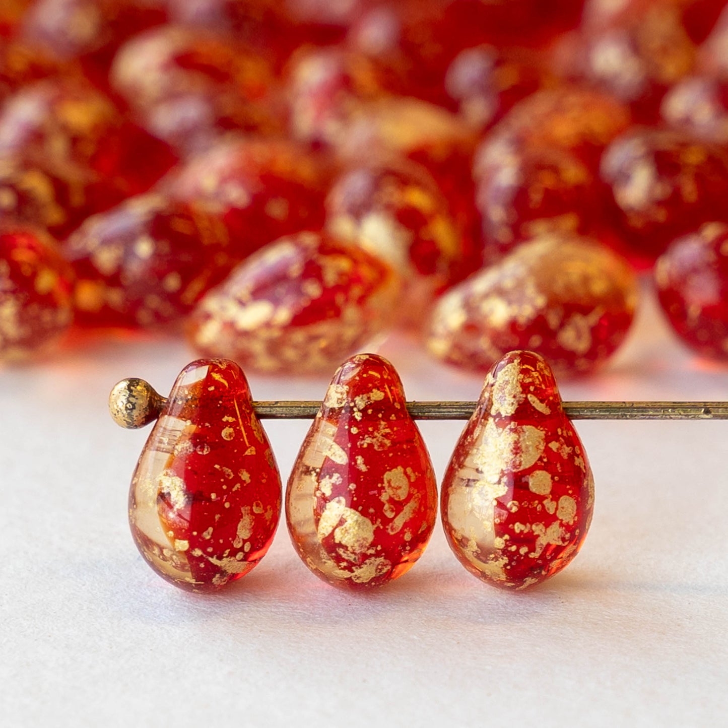 6x9mm Glass Teardrop Beads -Transparent Red and Crystal with Gold Dust - 30 Beads