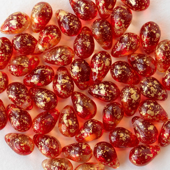 6x9mm Glass Teardrop Beads -Transparent Red and Crystal with Gold Dust - 30 Beads