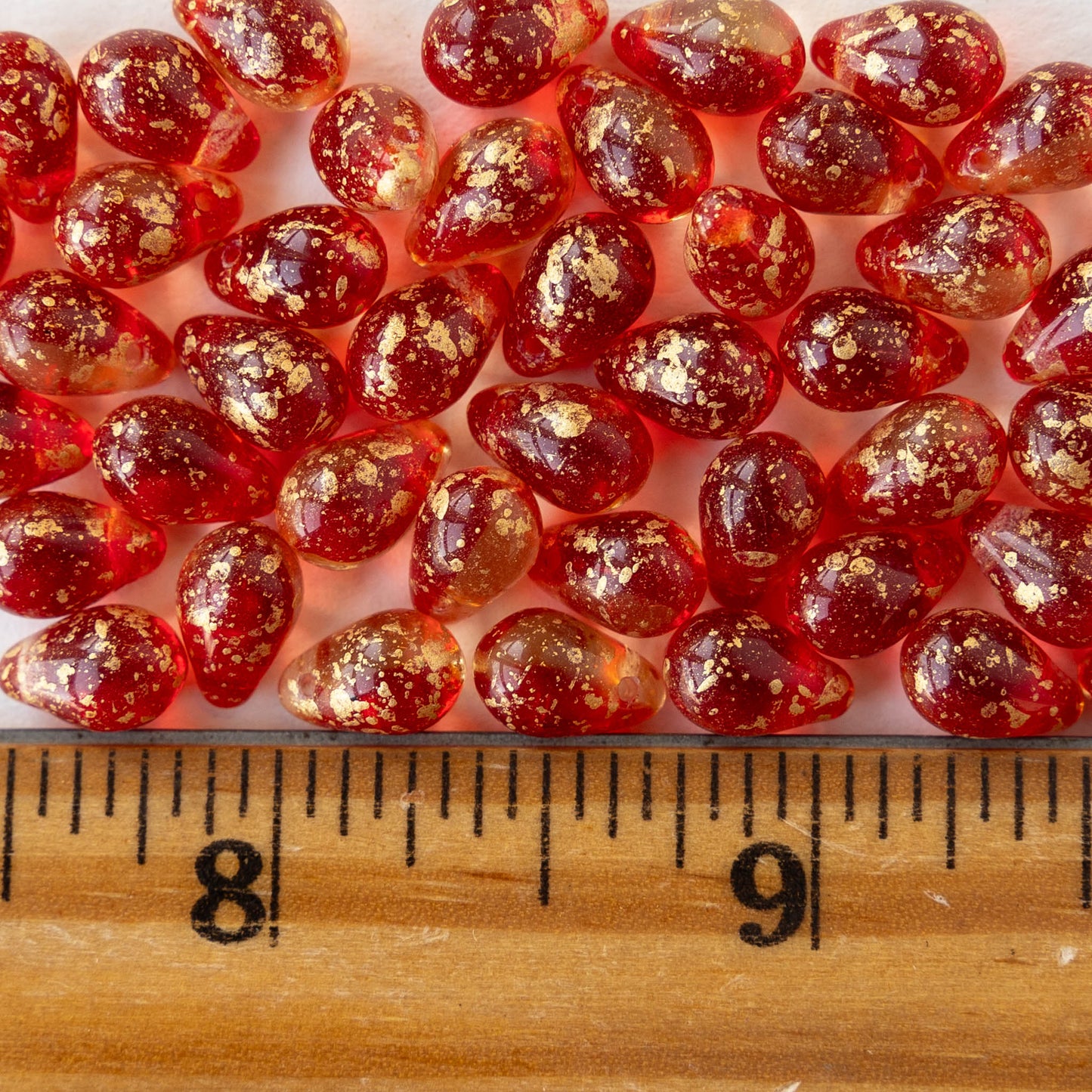 6x9mm Glass Teardrop Beads -Transparent Red and Crystal with Gold Dust - 30 Beads