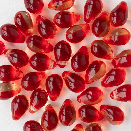 6x9mm Glass Teardrop Beads - Transparent Red Crystal Mix - 50 Beads