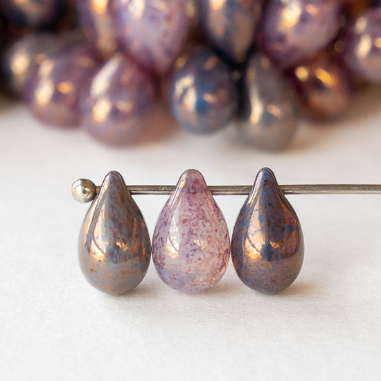 6x9mm Glass Teardrop Beads - Rose Blue Mint with Gold - 25 Beads