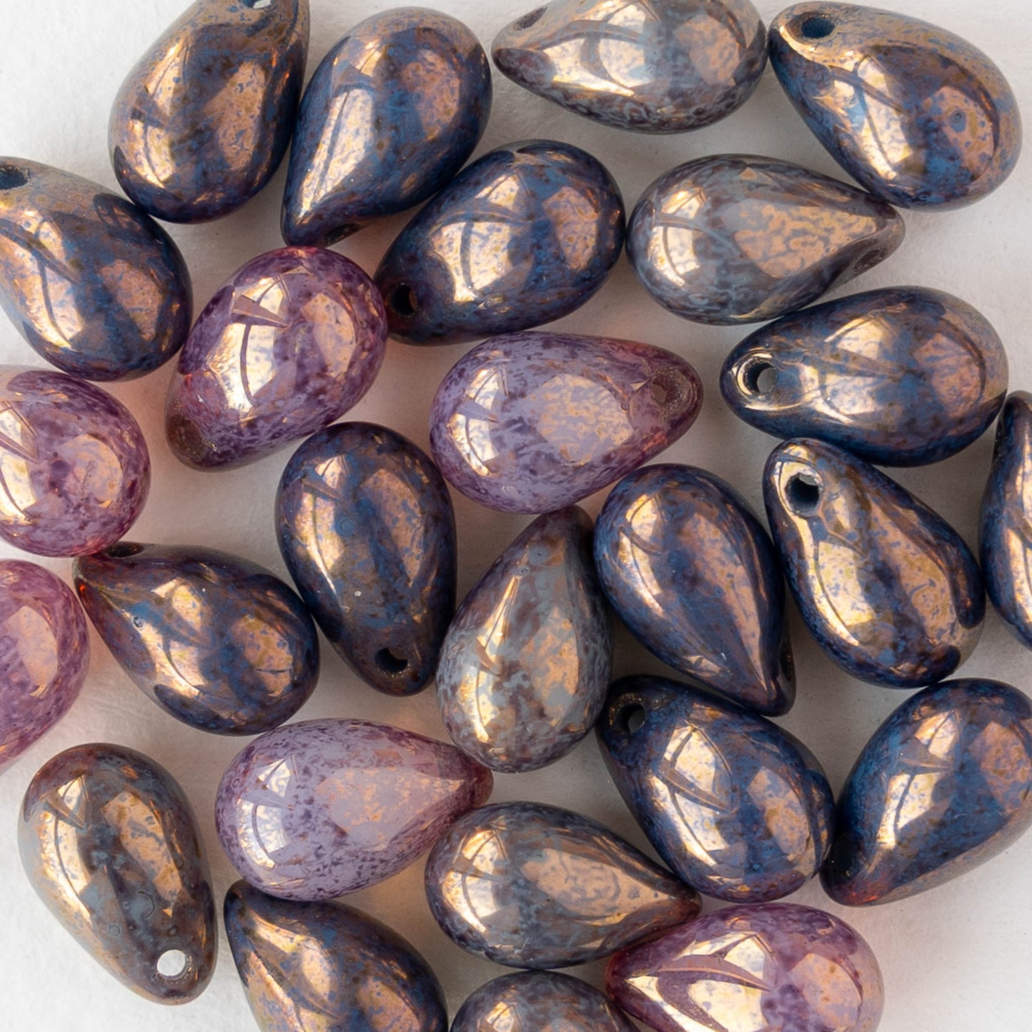 6x9mm Glass Teardrop Beads - Rose Blue Mint with Gold - 25 Beads