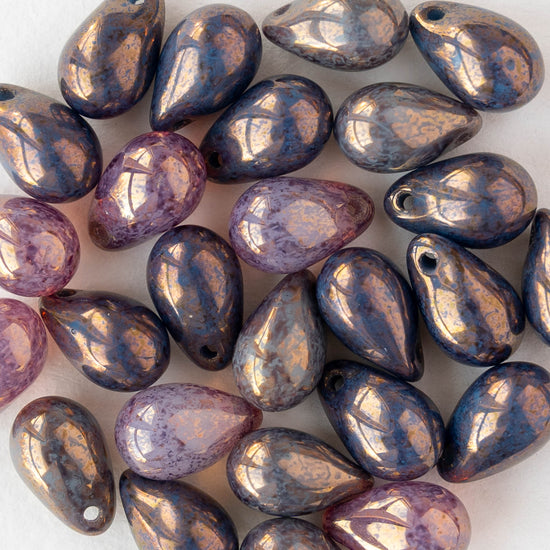 6x9mm Glass Teardrop Beads - Rose Blue Mint with Gold - 25 Beads