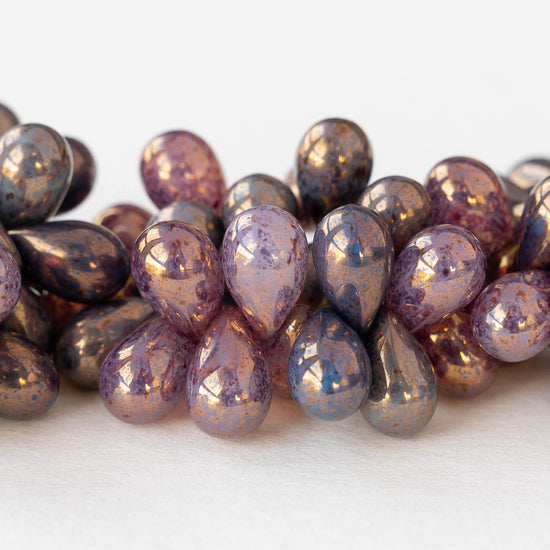 6x9mm Glass Teardrop Beads - Rose Blue Mint with Gold - 25 Beads