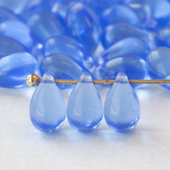 6x9mm Glass Teardrop Beads - Sapphire Blue - 50 Beads