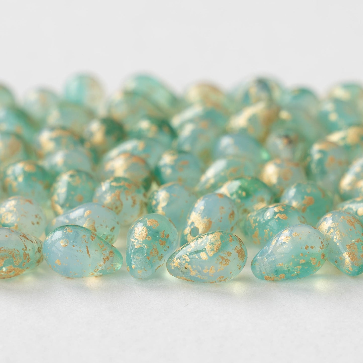 6x9mm Glass Teardrop Beads - Seafoam Opaline with Gold - 30 Beads