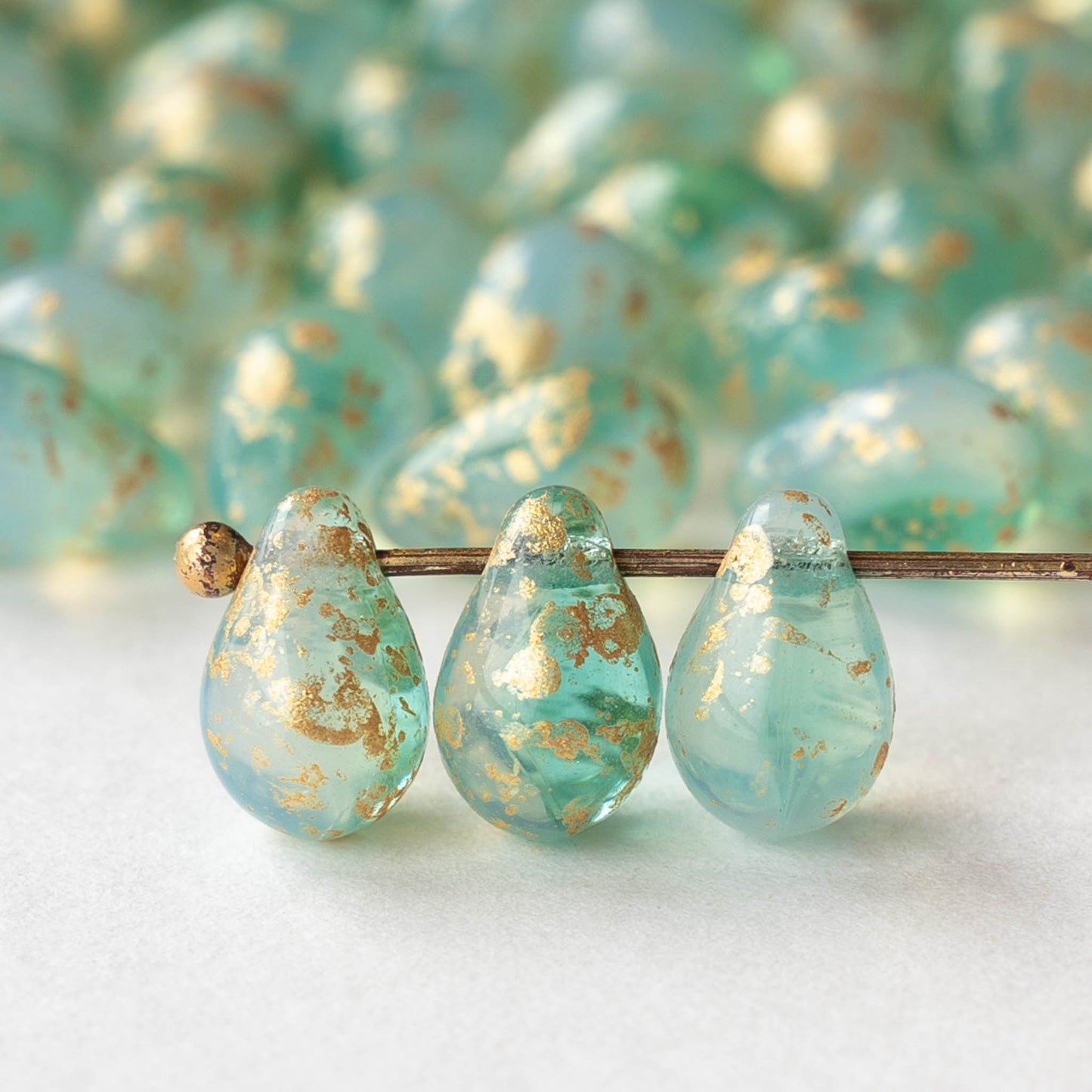 6x9mm Glass Teardrop Beads - Seafoam Opaline with Gold - 30 Beads