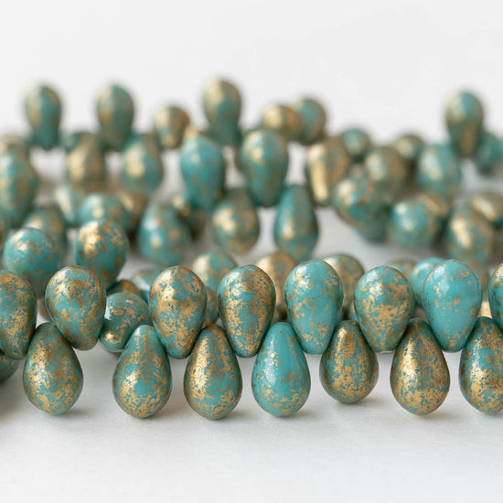 6x9mm Glass Teardrop Beads - Seafoam Gold Dust - 25 Beads