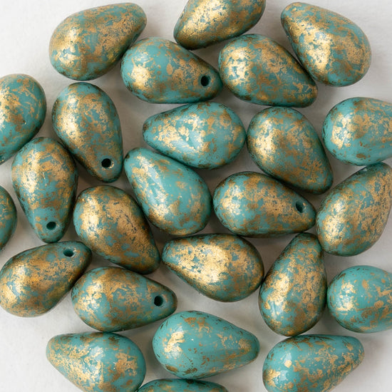 6x9mm Glass Teardrop Beads - Seafoam Gold Dust - 25 Beads