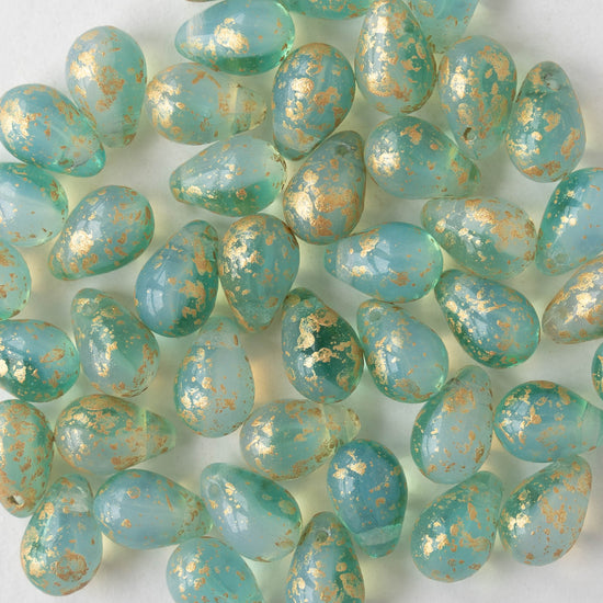 6x9mm Glass Teardrop Beads - Seafoam Opaline with Gold - 30 Beads