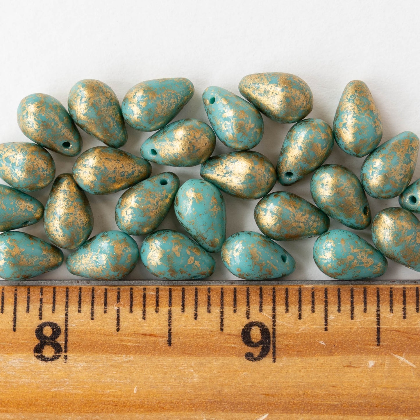 6x9mm Glass Teardrop Beads - Seafoam Gold Dust - 25 Beads