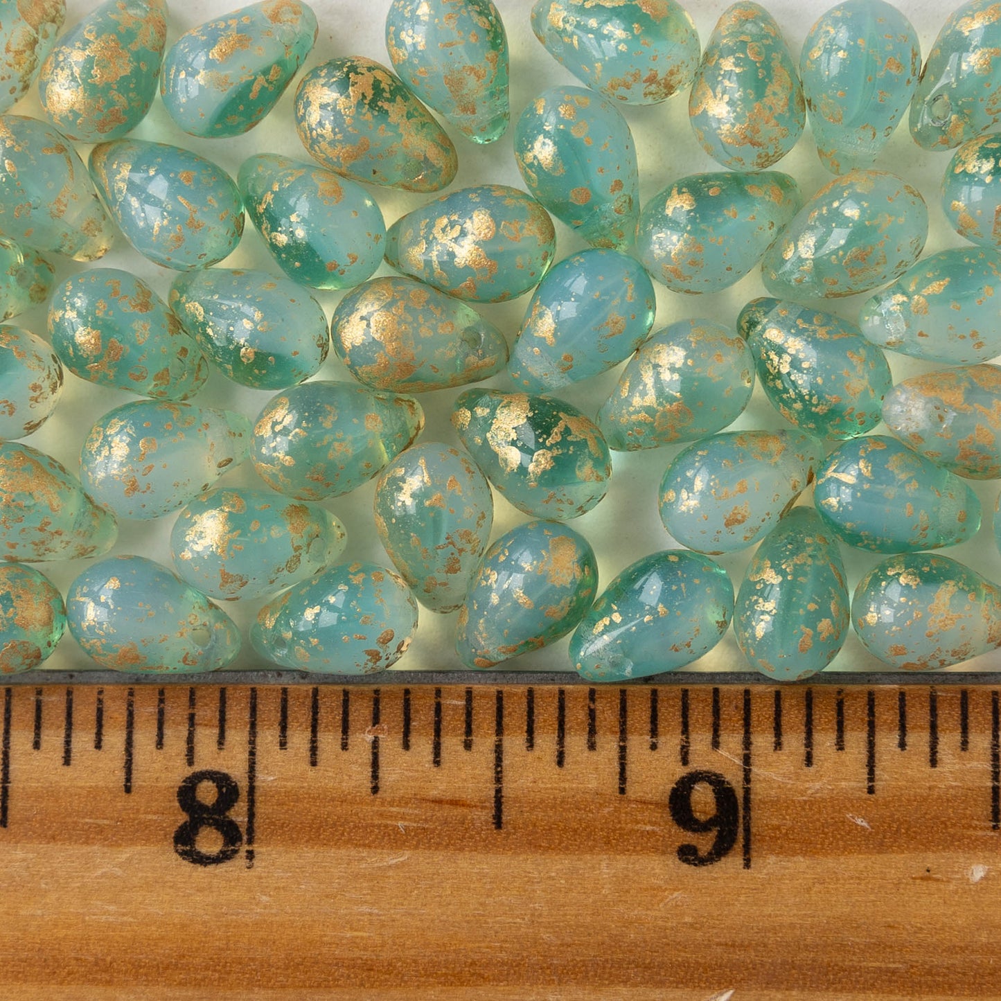 6x9mm Glass Teardrop Beads - Seafoam Opaline with Gold - 30 Beads