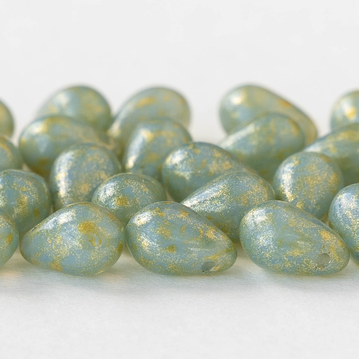 6x9mm Glass Teardrop Beads - Opal Seafoam with Gold Dust - 30 Beads