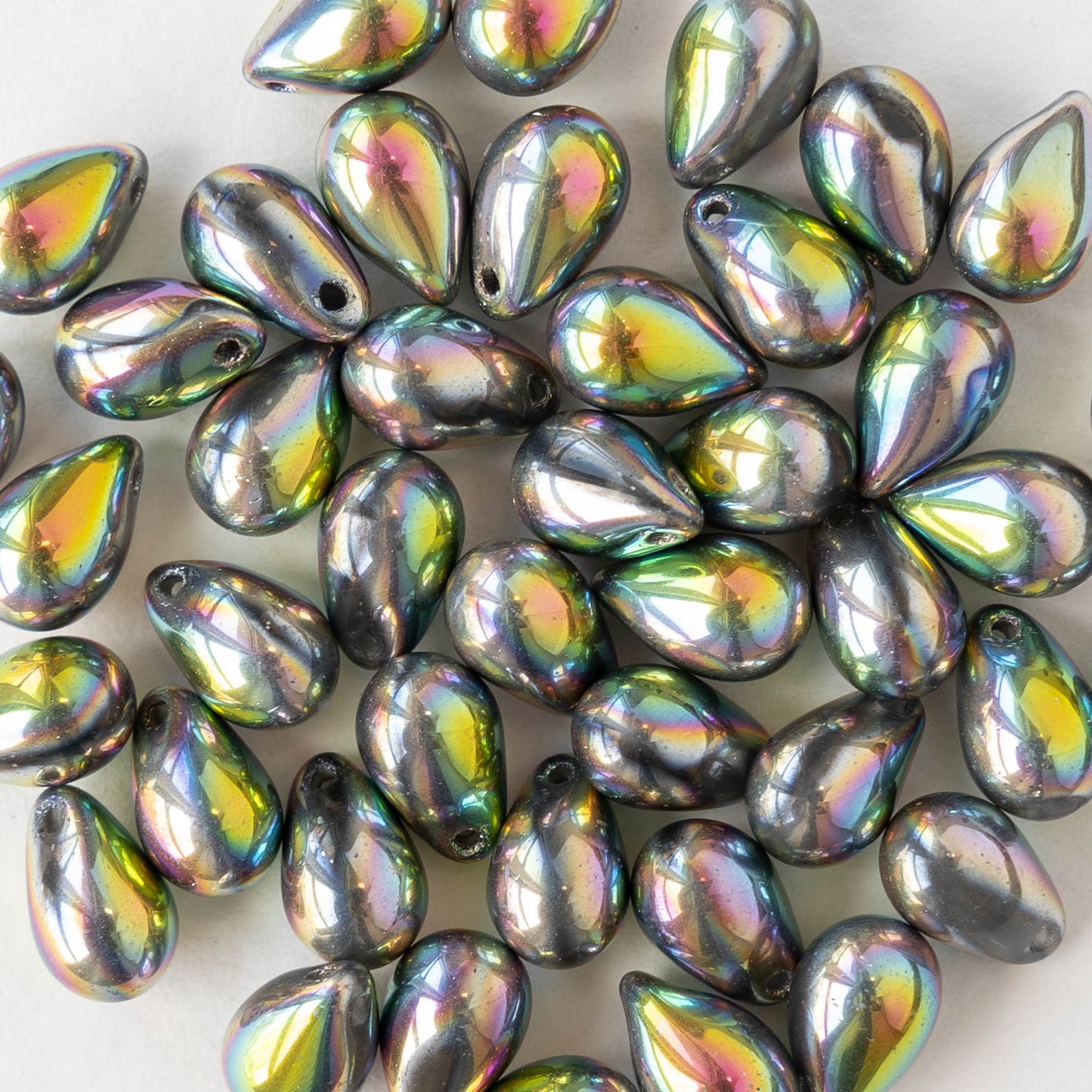 6x9mm Glass Teardrop Beads - Silver with Metallic Rainbow - 30 Beads