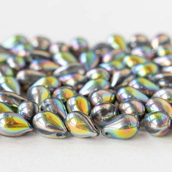 6x9mm Glass Teardrop Beads - Silver with Metallic Rainbow - 30 Beads