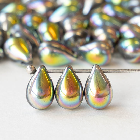 6x9mm Glass Teardrop Beads - Silver with Metallic Rainbow - 30 Beads