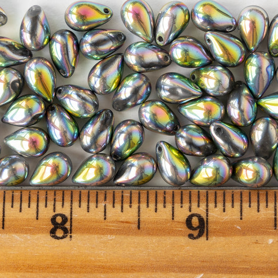 6x9mm Glass Teardrop Beads - Silver with Metallic Rainbow - 30 Beads