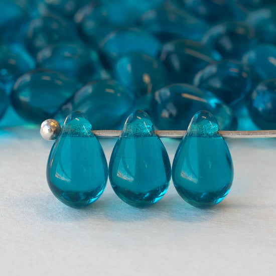 6x9mm Glass Teardrop Beads - Transparent Teal - 50 Beads