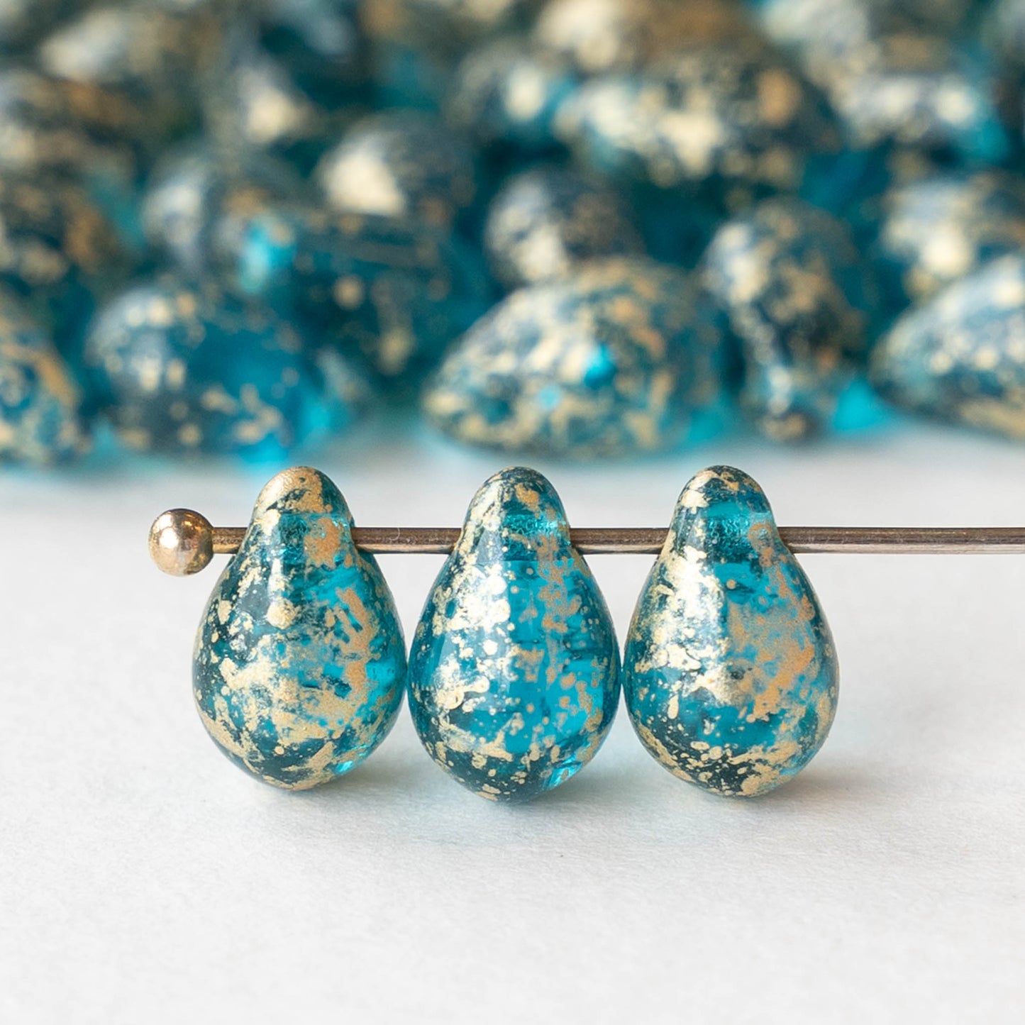 6x9mm Glass Teardrop Beads - Transparent Teal with Gold Dust - 30 Beads