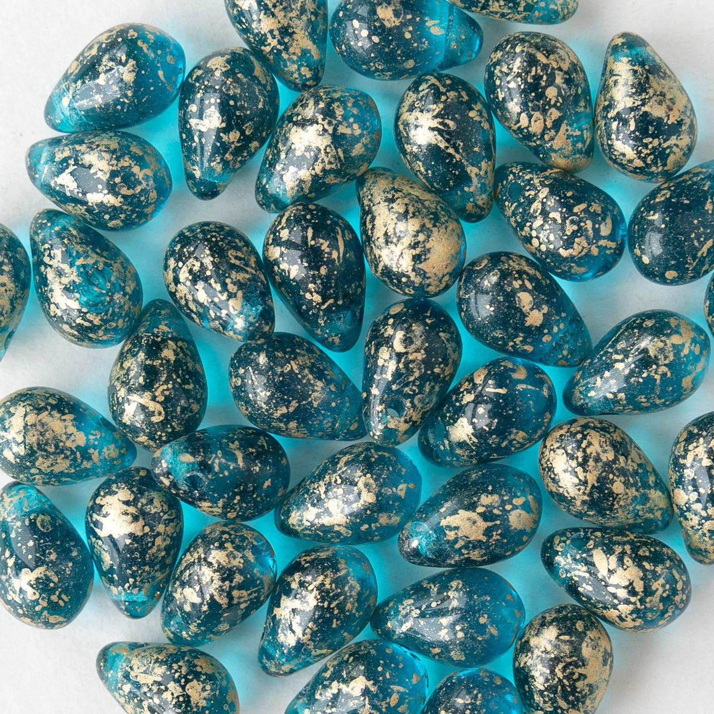 6x9mm Glass Teardrop Beads - Transparent Teal with Gold Dust - 30 Beads
