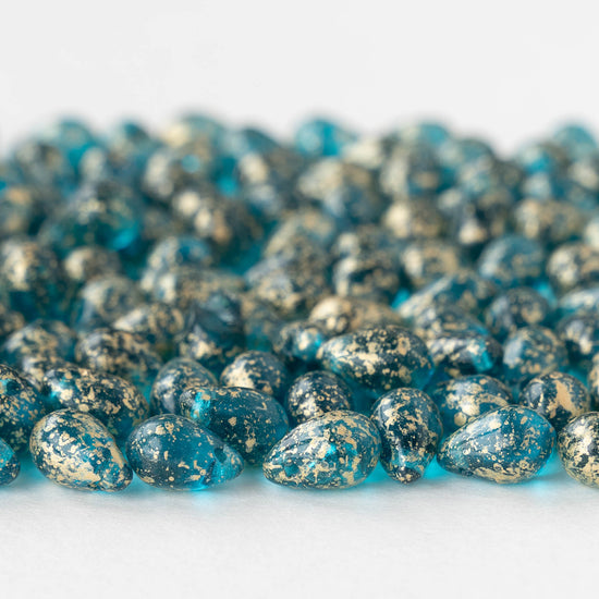 6x9mm Glass Teardrop Beads - Transparent Teal with Gold Dust - 30 Beads