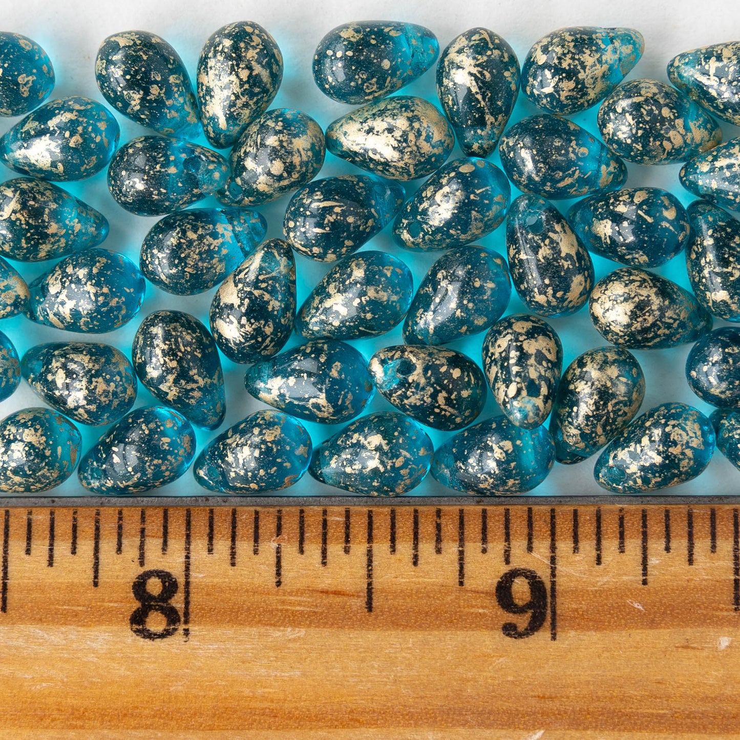 6x9mm Glass Teardrop Beads - Transparent Teal with Gold Dust - 30 Beads