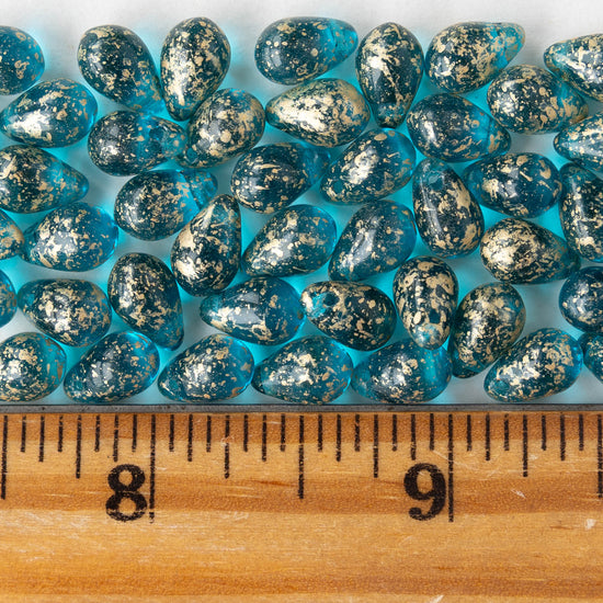 6x9mm Glass Teardrop Beads - Transparent Teal with Gold Dust - 30 Beads