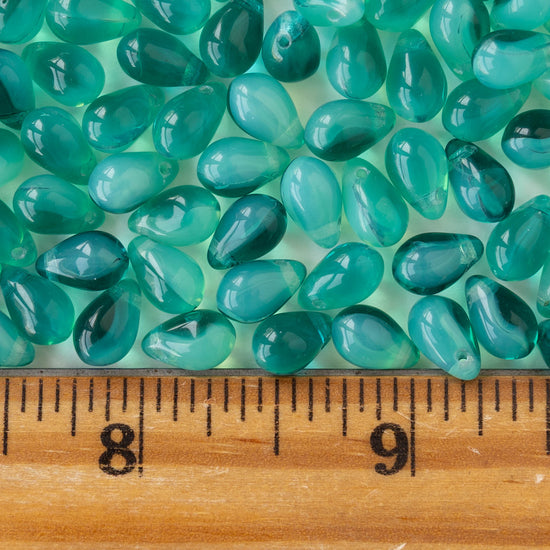 6x9mm Glass Teardrop Beads - Teal Seafoam Mix - 30 or 60 beads