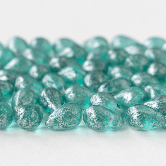 6x9mm Glass Teardrop Beads - Seafoam with Silver Dust - 30 Beads