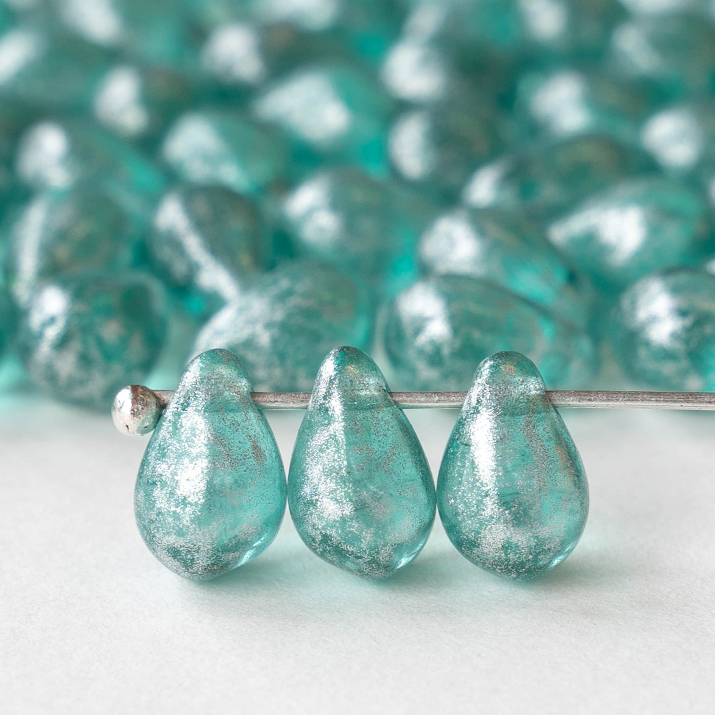 6x9mm Glass Teardrop Beads - Seafoam with Silver Dust - 30 Beads