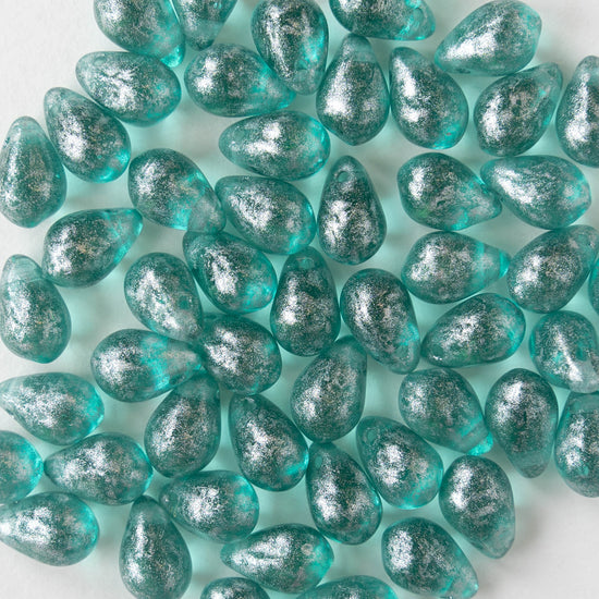 6x9mm Glass Teardrop Beads - Seafoam with Silver Dust - 30 Beads