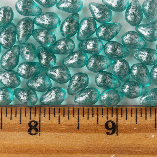 6x9mm Glass Teardrop Beads - Seafoam with Silver Dust - 30 Beads