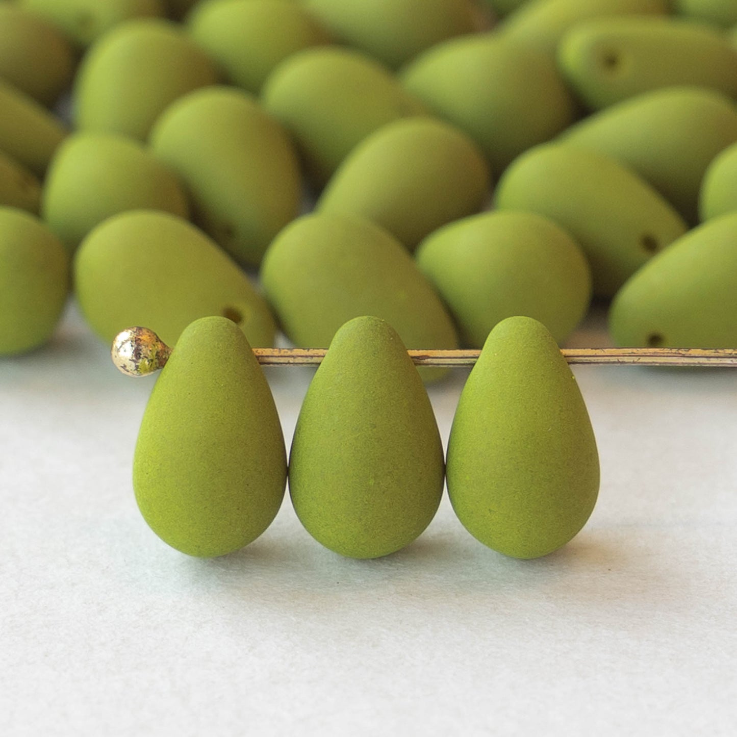 6x9mm Glass Teardrop Beads - Opaque Matte Lime Green - 50 Beads