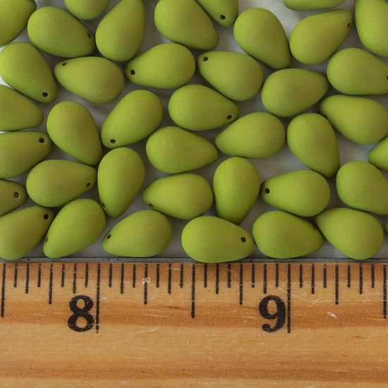 6x9mm Glass Teardrop Beads - Opaque Matte Lime Green - 50 Beads