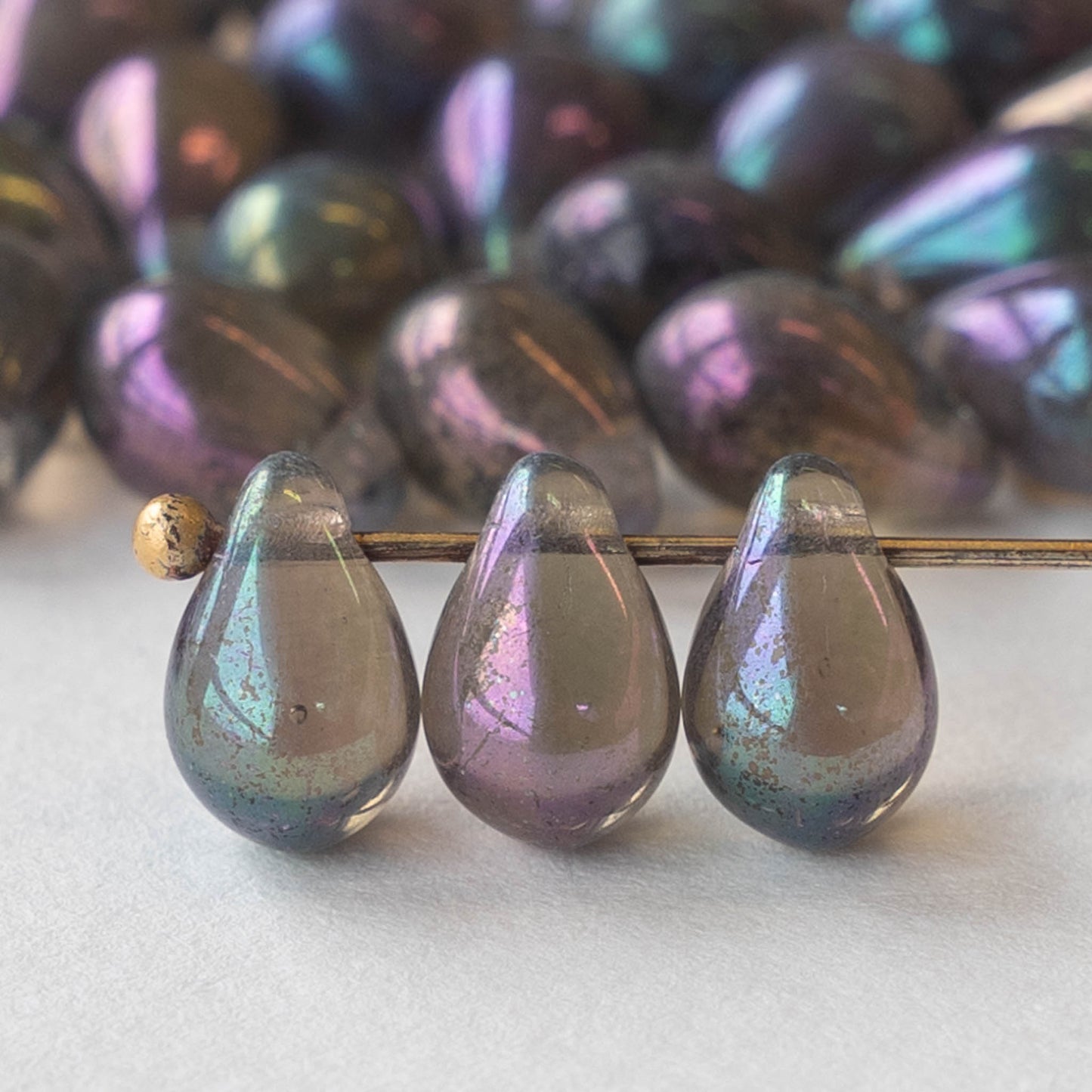 6x9mm Glass Teardrop Beads - Light Sage Iris Luster - 50 Beads