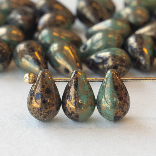 6x9mm Glass Teardrop Beads - Turquoise Bronze - 30 Beads