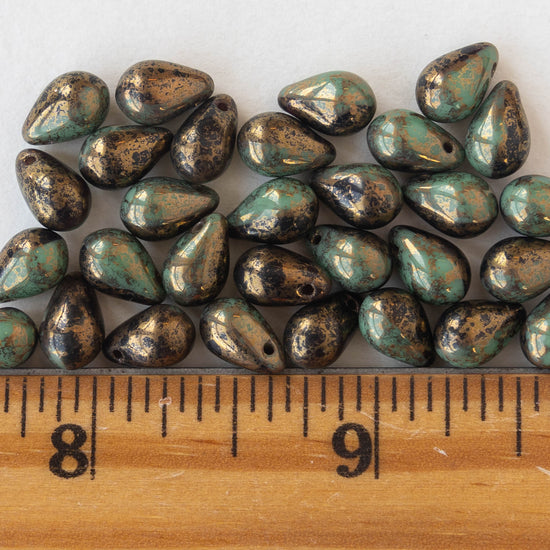 Load image into Gallery viewer, 6x9mm Glass Teardrop Beads - Turquoise Bronze - 30 Beads
