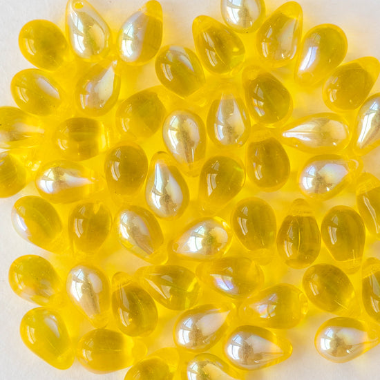 6x9mm Glass Teardrop Beads - Lemon Yellow AB - 50 Beads