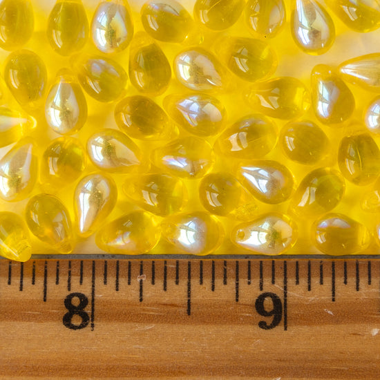 6x9mm Glass Teardrop Beads - Lemon Yellow AB - 50 Beads