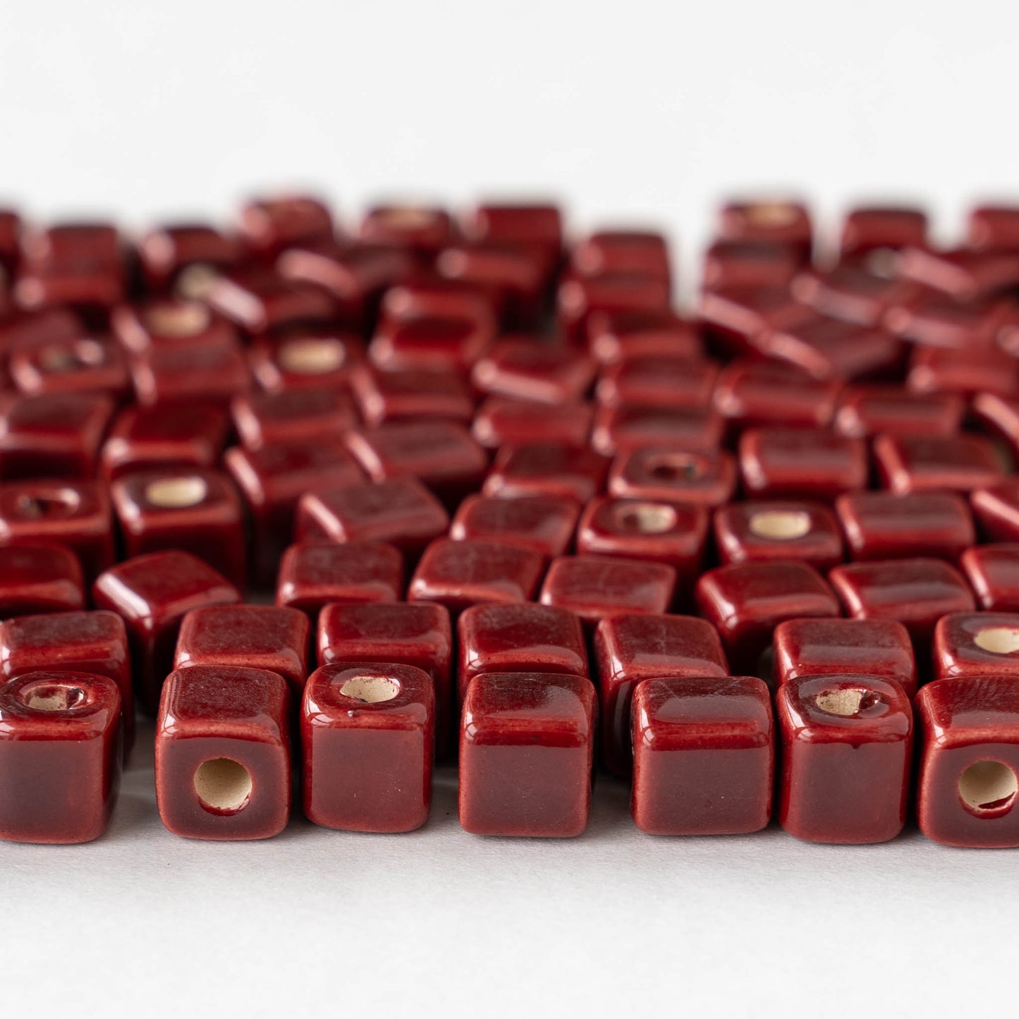 7mm Glazed Ceramic Cube Beads - Red - 10 or 30 beads