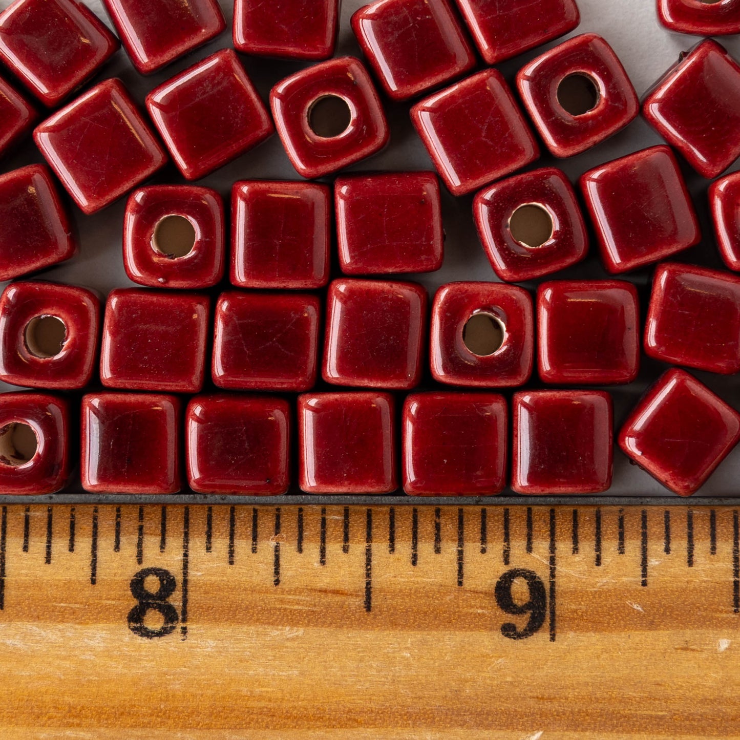 7mm Glazed Ceramic Cube Beads - Red - 10 or 30 beads