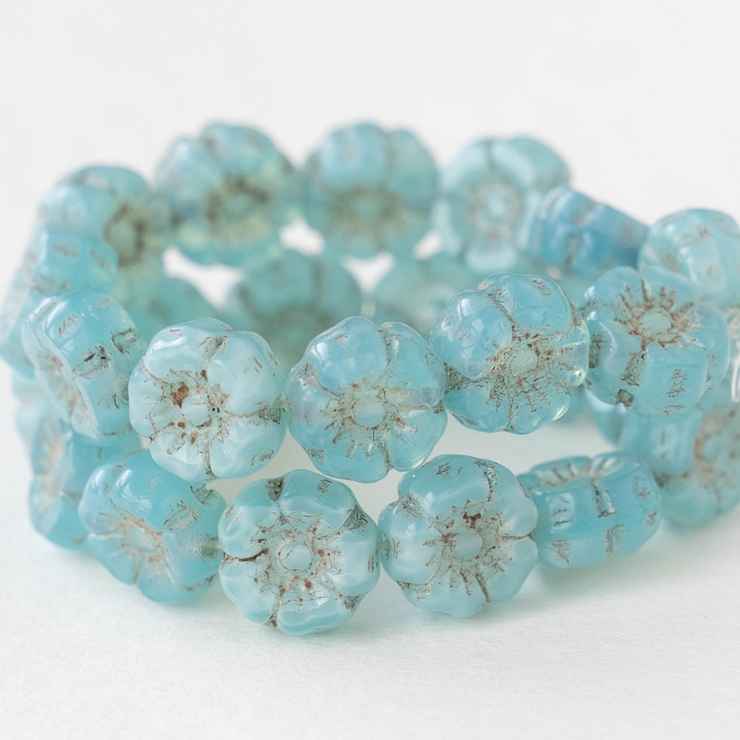 7mm Glass Flower Beads - Aqua Opaline - 12 Beads