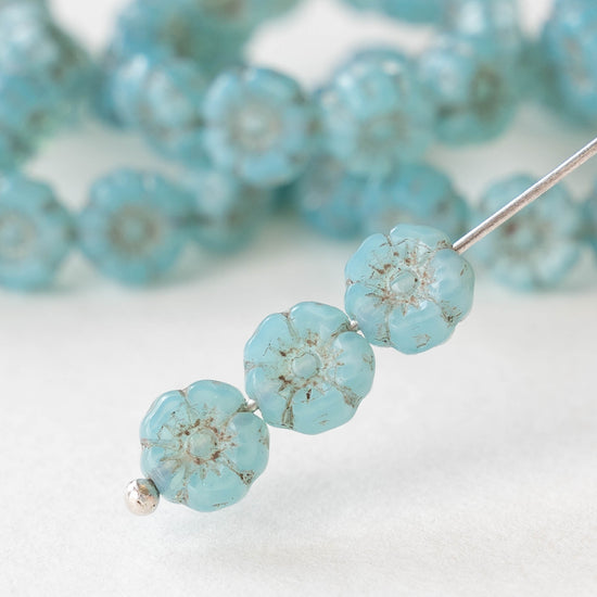 7mm Glass Flower Beads - Aqua Opaline - 12 Beads