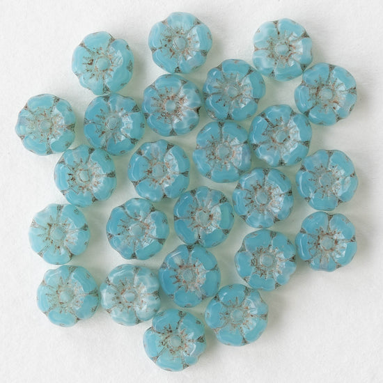 7mm Glass Flower Beads - Aqua Opaline - 12 Beads