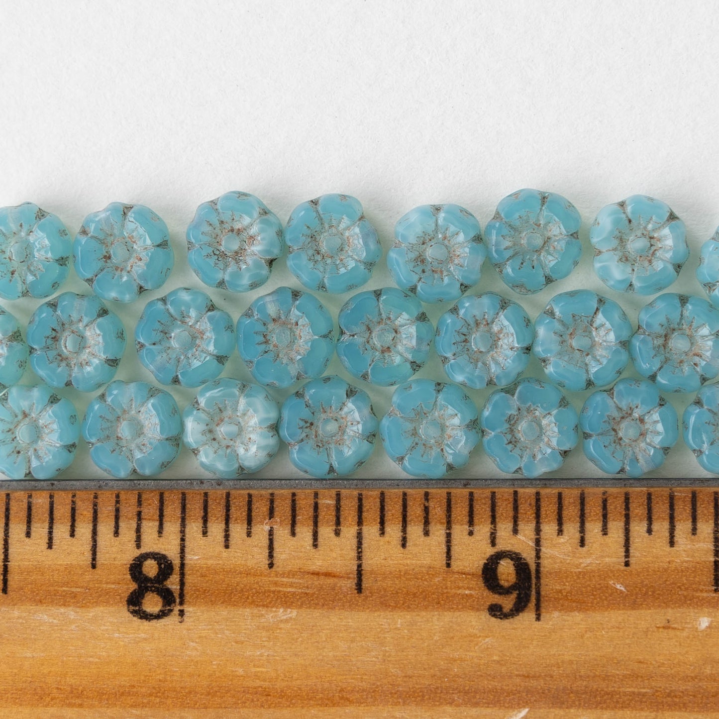 7mm Glass Flower Beads - Aqua Opaline - 12 Beads