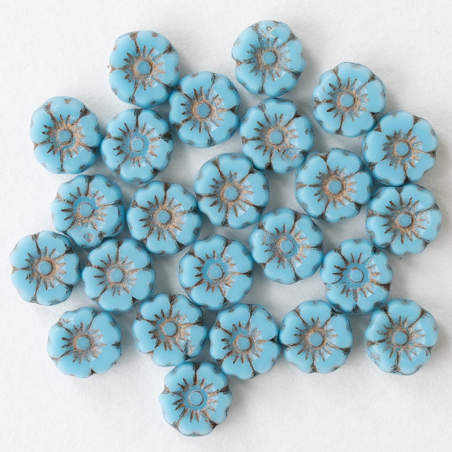 7mm Glass Flower Beads - Opaque Blue Turquoise with Antiqued Finish - 12 Beads