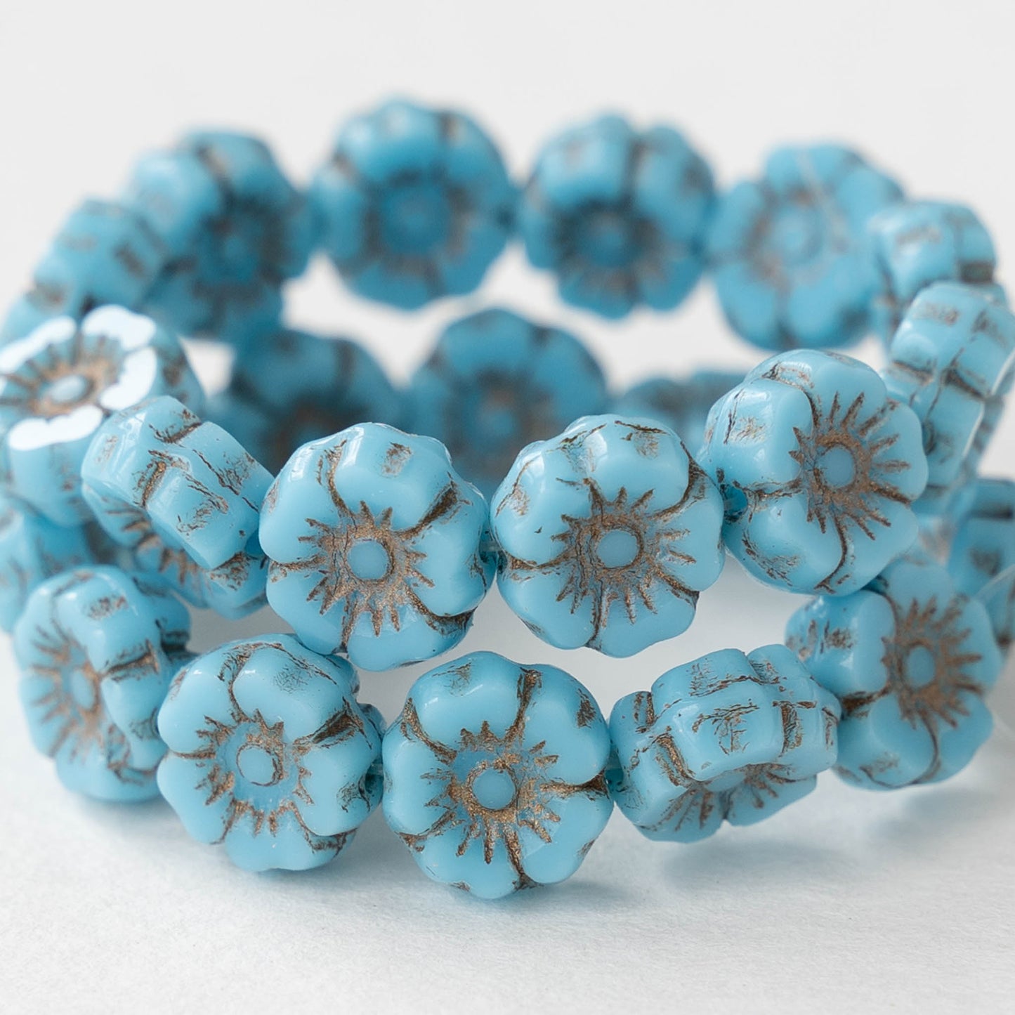 7mm Glass Flower Beads - Opaque Blue Turquoise with Antiqued Finish - 12 Beads