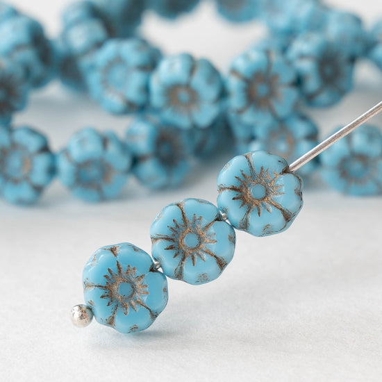 7mm Glass Flower Beads - Opaque Blue Turquoise with Antiqued Finish - 12 Beads