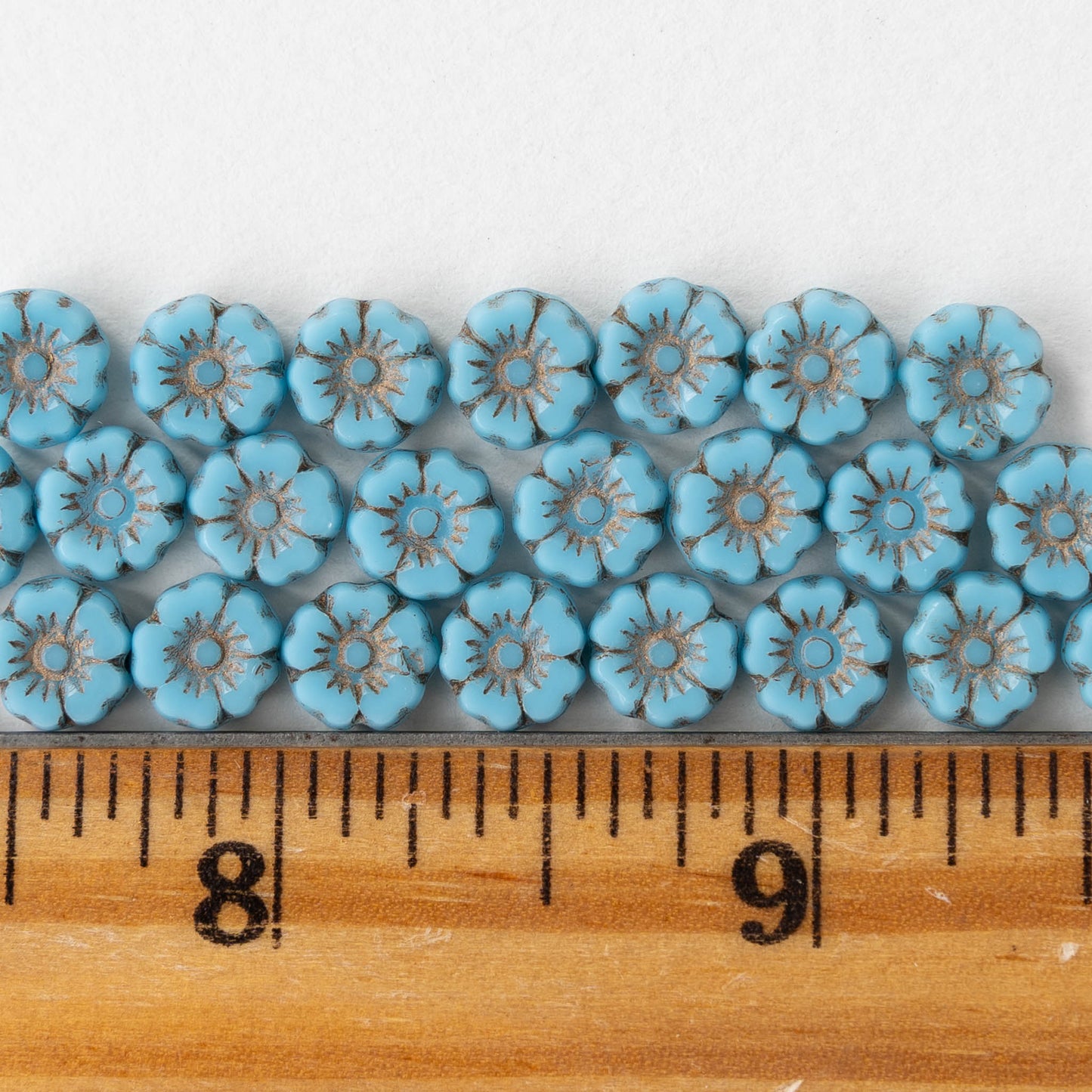 7mm Glass Flower Beads - Opaque Blue Turquoise with Antiqued Finish - 12 Beads