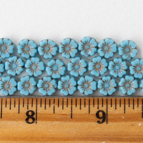 7mm Glass Flower Beads - Opaque Blue Turquoise with Antiqued Finish - 12 Beads